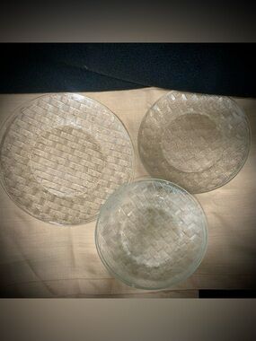 🇲🇽Vintage Forte Crisa Basketweave Glass (6) Piece Matching Plate & Bowl Set